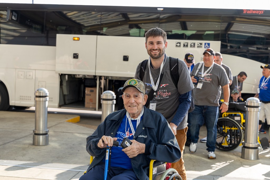 (PHOTO: Seven Rye veterans participated in an honor flight to Washington, D. C. on Saturday, May 31, 2025. Frank Berté and grandson Jeff Dempsey. Contributed.)