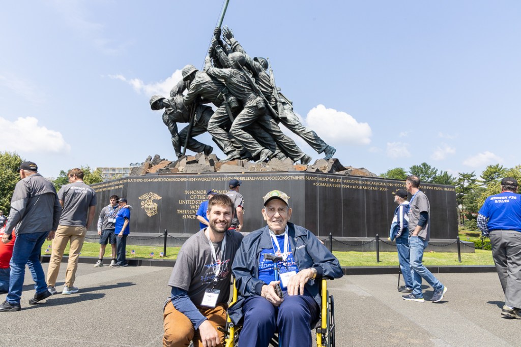 (PHOTO: Seven Rye veterans participated in an honor flight to Washington, D. C. on Saturday, May 31, 2025. Jeff Dempsey and Frank Berté at the US Marine Corps War Memorial. Contributed.)