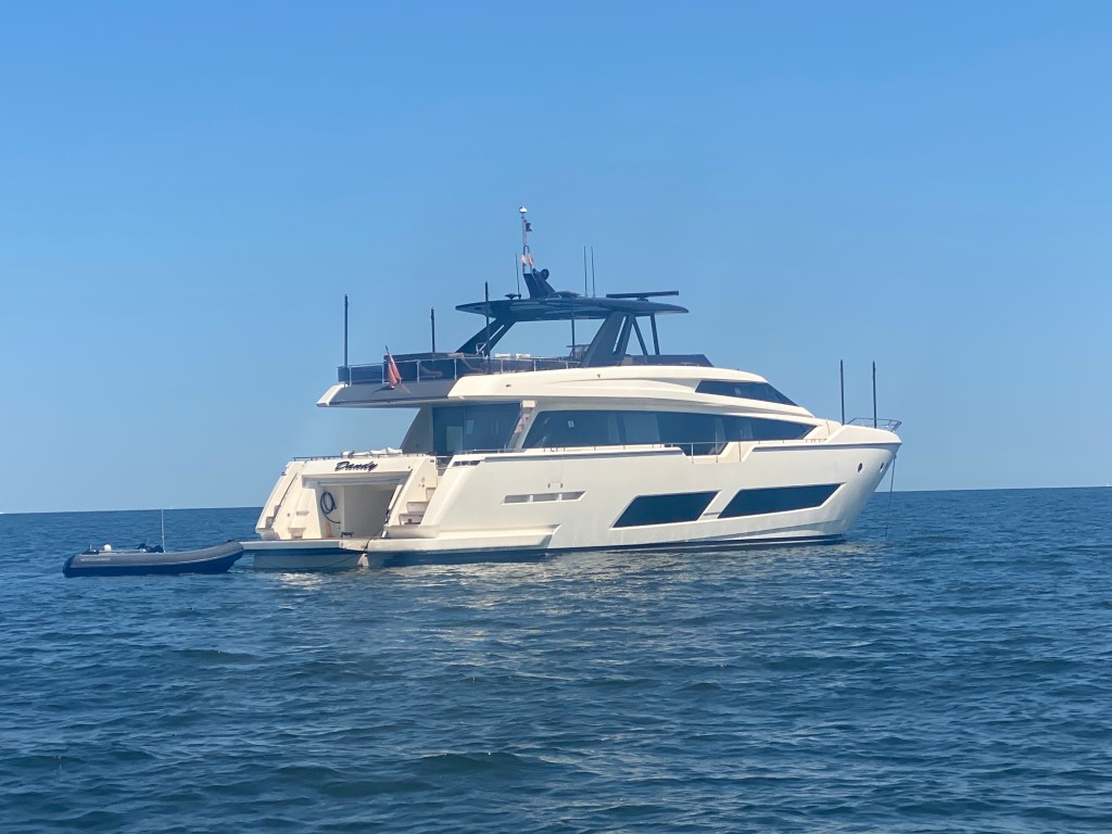 (PHOTO: The 85' foot luxury yacht Dandy was parked just off Rye on Friday, August 8, 2025.)