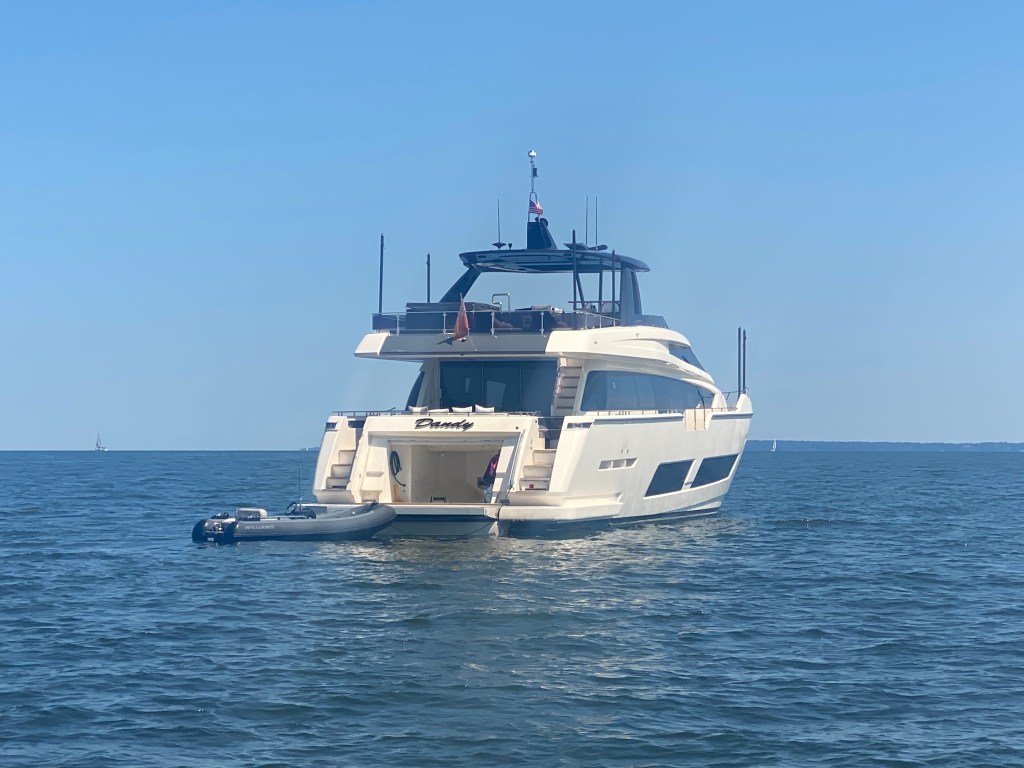 (PHOTO: The 85' foot luxury yacht Dandy was parked just off Rye on Friday, August 8, 2025.)