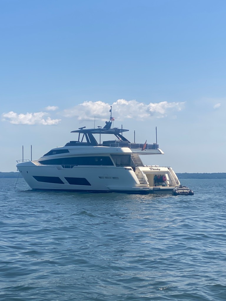 (PHOTO: The 85' foot luxury yacht Dandy was parked just off Rye on Friday, August 8, 2025.)