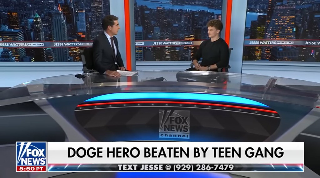 (PHOTO: Edward "Big Balls" Coristine on FOX News Jesse Watters Primetime September 29, 2025. Source: Fox News.)