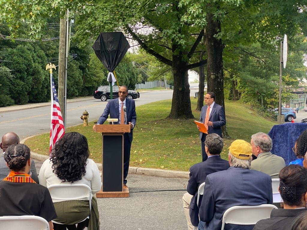 (PHOTO: The Paul & Orial Redd Way street naming at the Rye train station on September 27, 2025. Master of Ceremonies: Rye civil rights and criminal defense lawyer Mayo Bartlett.)