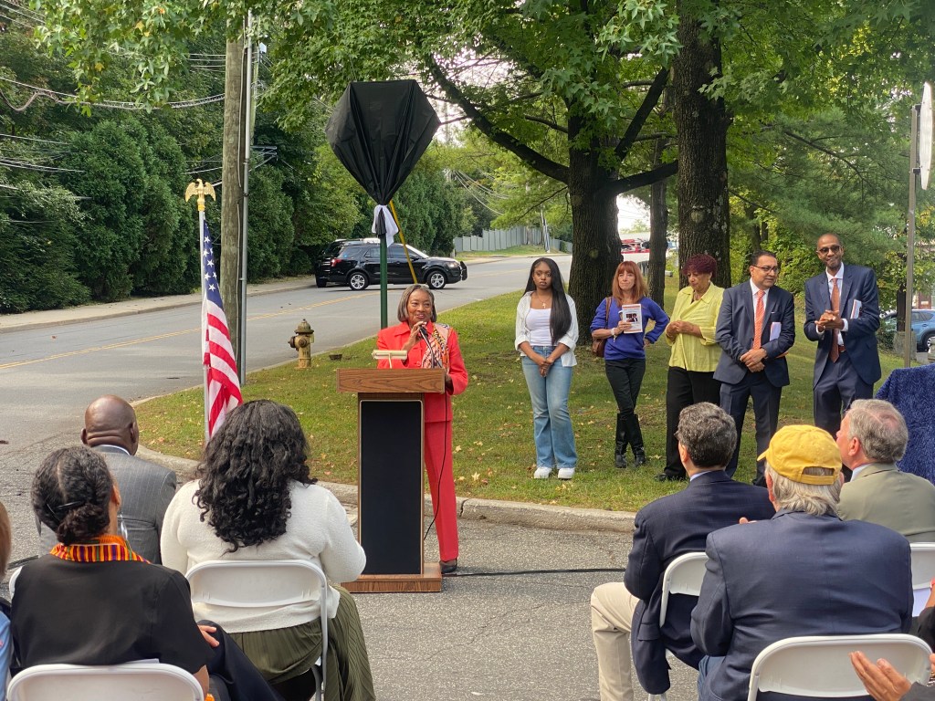 (PHOTO: The Paul & Orial Redd Way street naming at the Rye train station on September 27, 2025. New York State Senator Andrea Stewart-Cousins, president pro tempore and majority leader.)