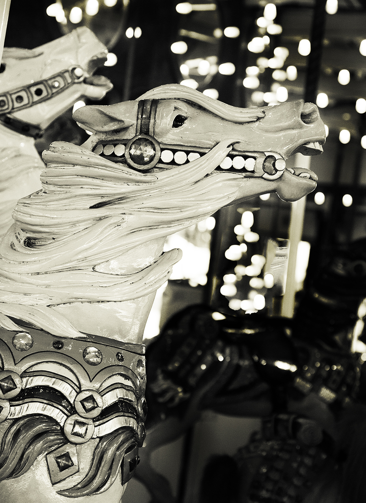 [PHOTO: Merry-Go-Round (Black and White). Lights blur in the background as the horses spin. By JoAnn Cancro.]