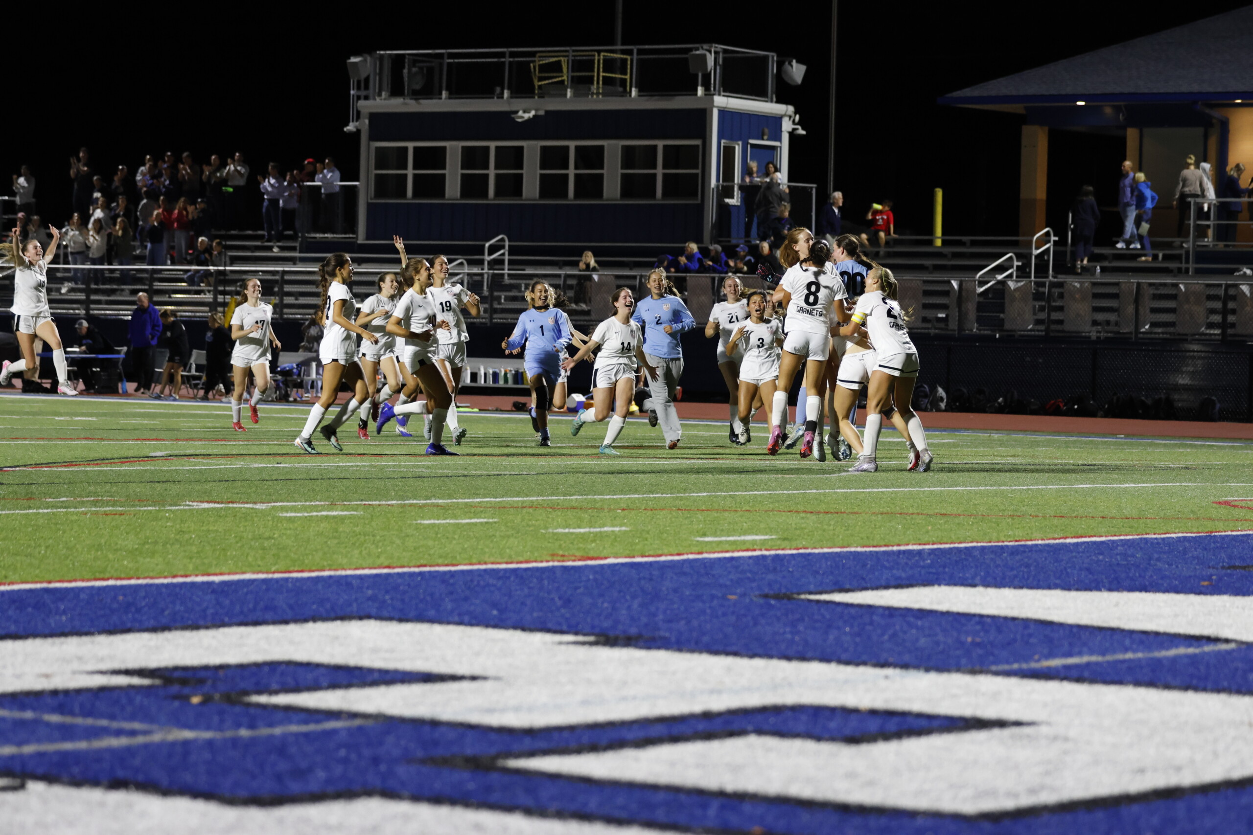 (PHOTO: Rye Girls Soccer celebrates their 2-0 victory over undefeated Pearl River on September 30, 2025. Credit: Alvar Lee.)
