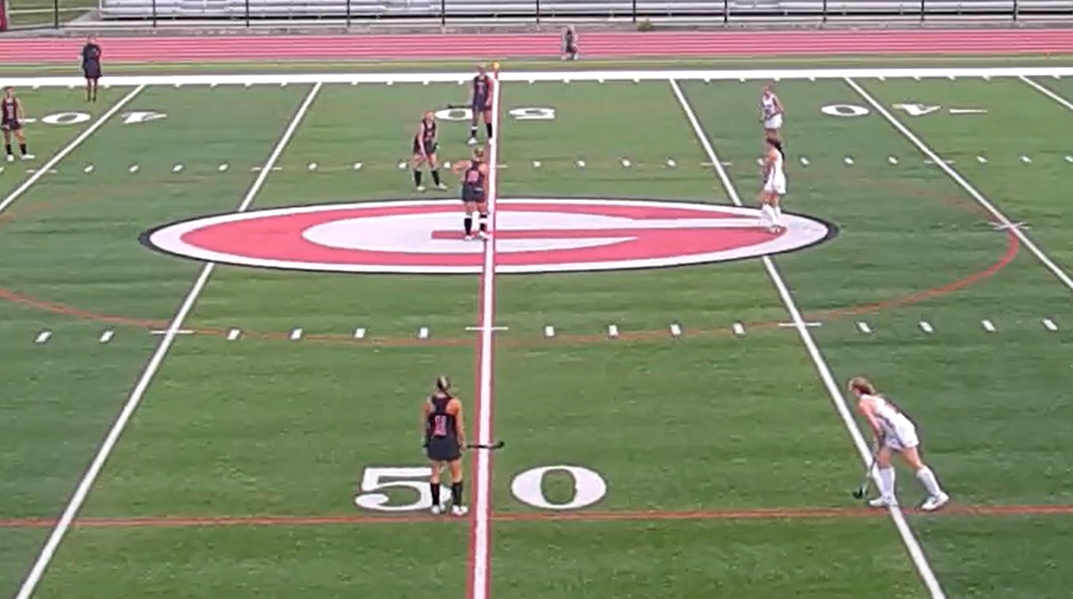 (PHOTO: The Rye Field Hockey team lining up for a faceoff against Fox Lane on September 16, 2025.)