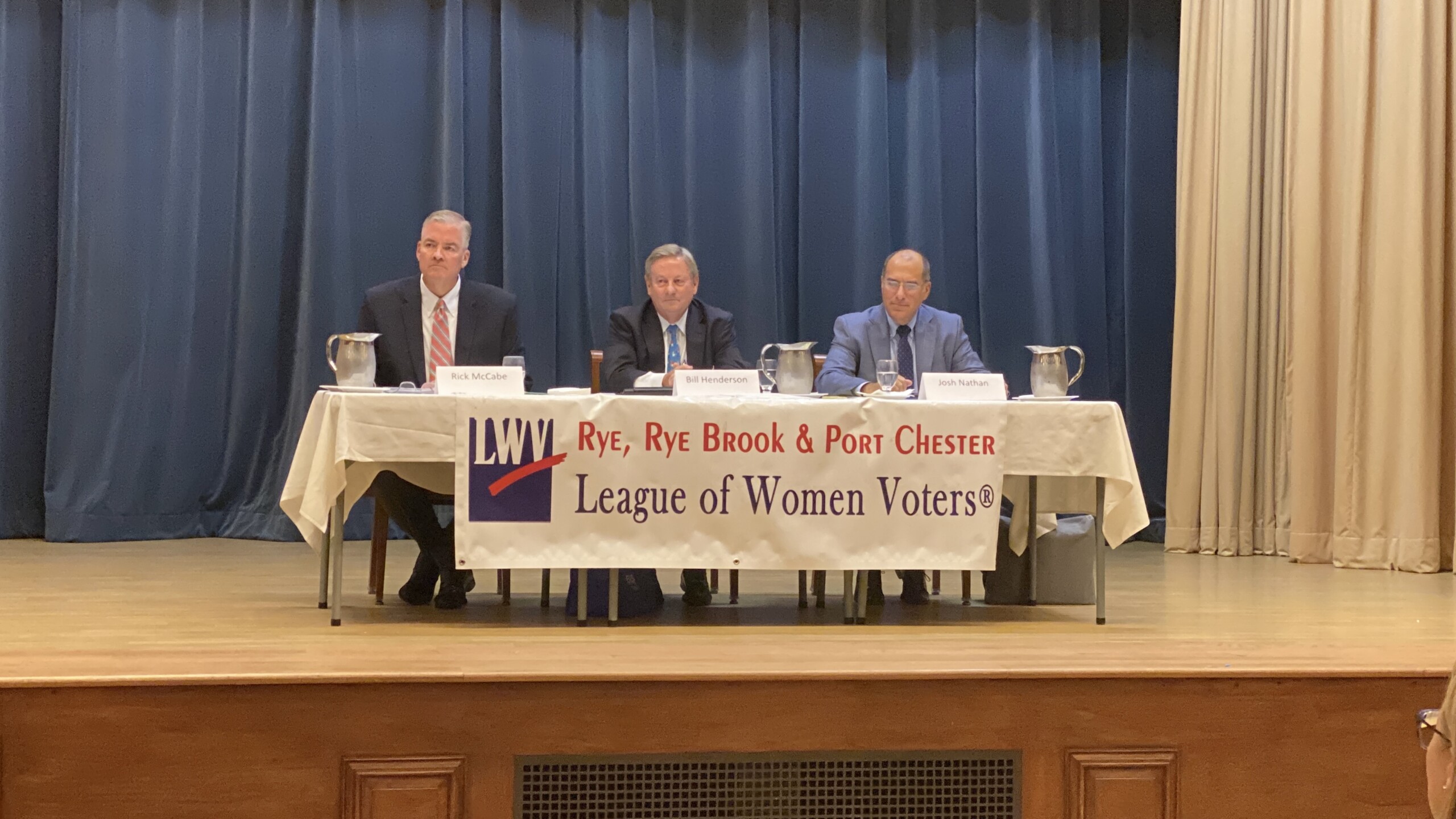 (PHOTO: The ’25 Rye City Council Candidate Forum by the League of Women Voters was held at The Osborn on Monday, October 20, 2025. L to R: Rick McCabe (Ind.), Bill Henderson (GOP) and Josh Nathan (Dem).)
