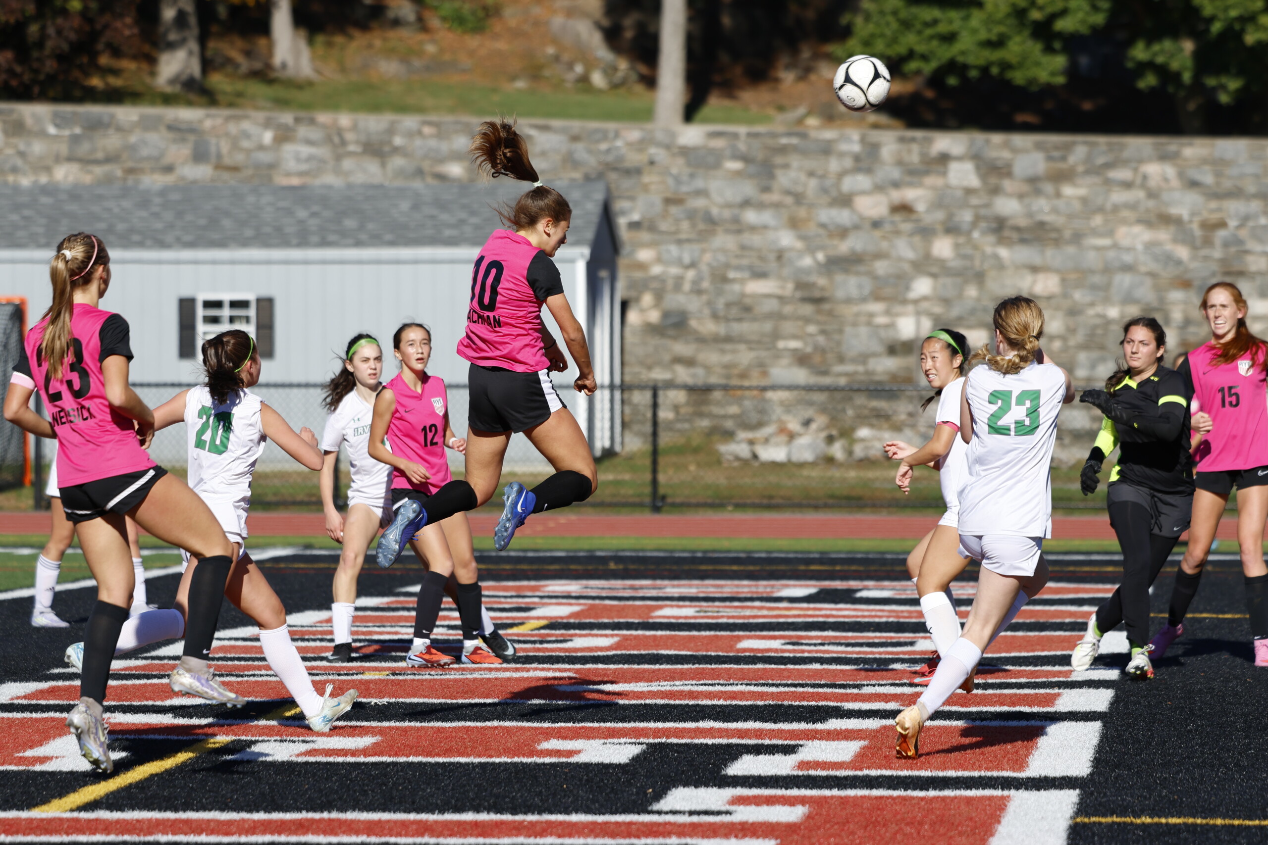 (PHOTO: Rye Girls Soccer’s Hannah Jachman (#10) scoring a header against Irvington on October 25, 2025. Credit: Alvar Lee.)