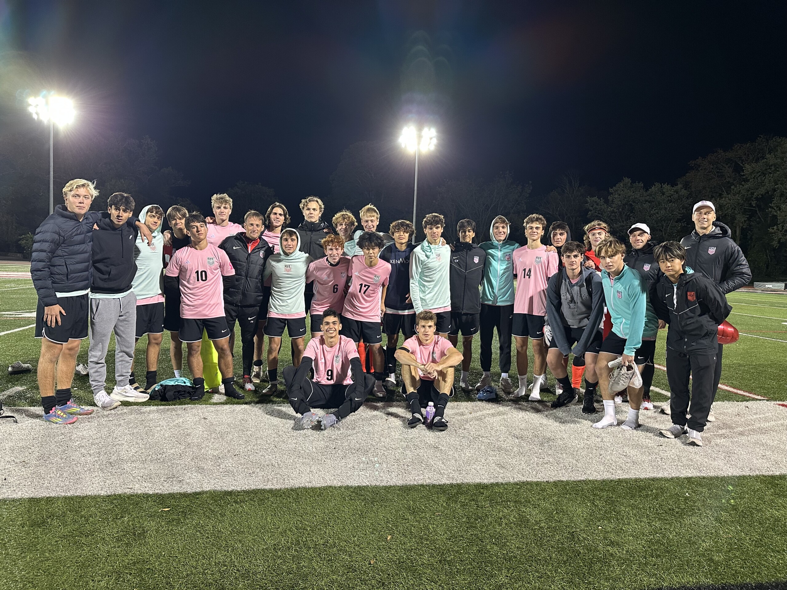(PHOTO: The Rye Boys Soccer team on senior night on October 16, 2025. Credit: Daniela Kehoe.)