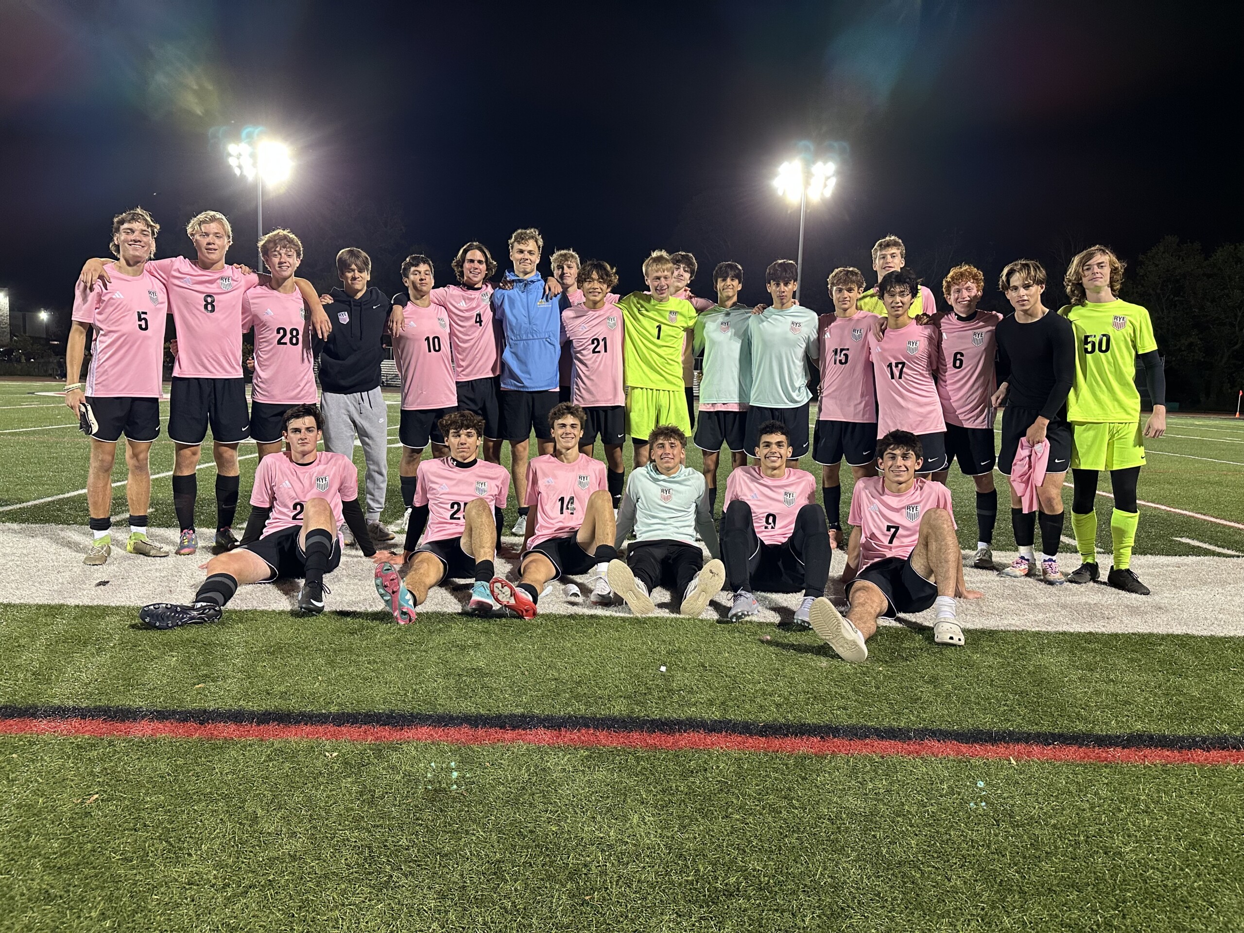 (PHOTO: The #1 Rye Boys Soccer team from their 6-0 victory over #16 Pelham on October 24, 2025. Credit: Daniela Kehoe.)