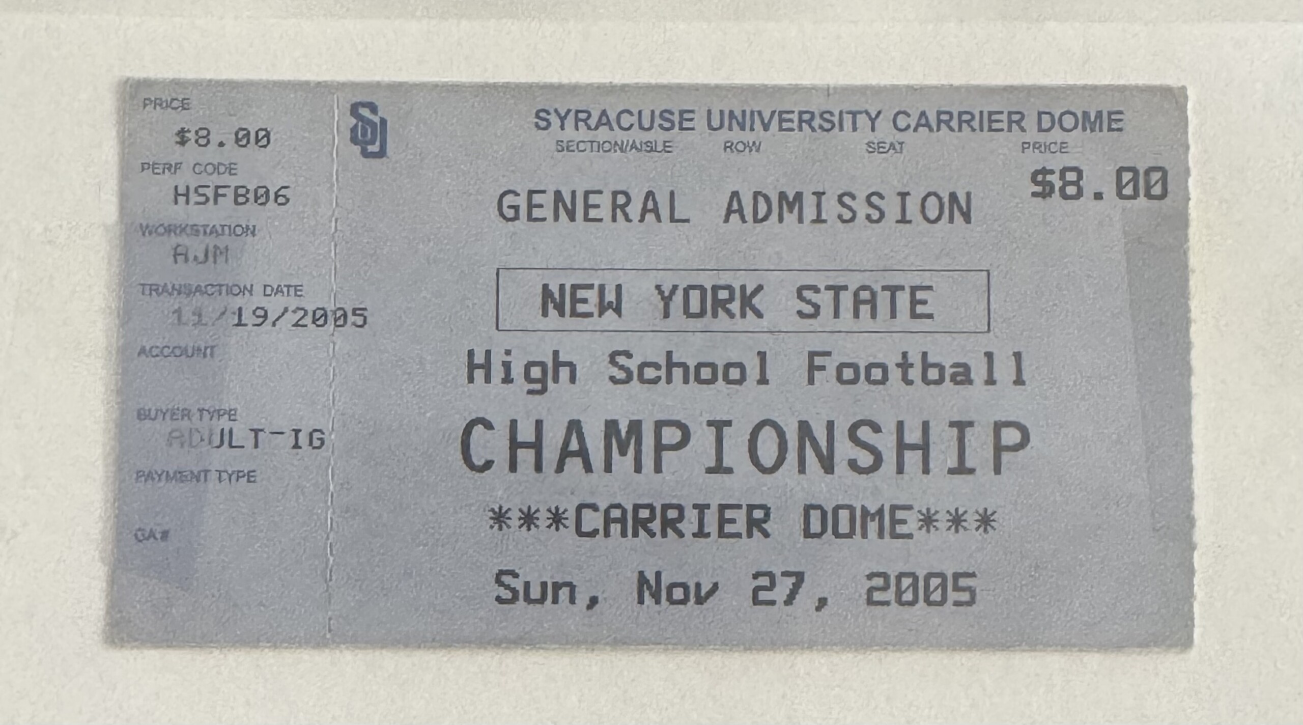 (PHOTO: A preserved ticket from the 2005 New York State Football Class B State championship game. The Rye Garnets defeated Chenango Forks 28-7, avenging two years of shutout defeats in such game. Contributed.)