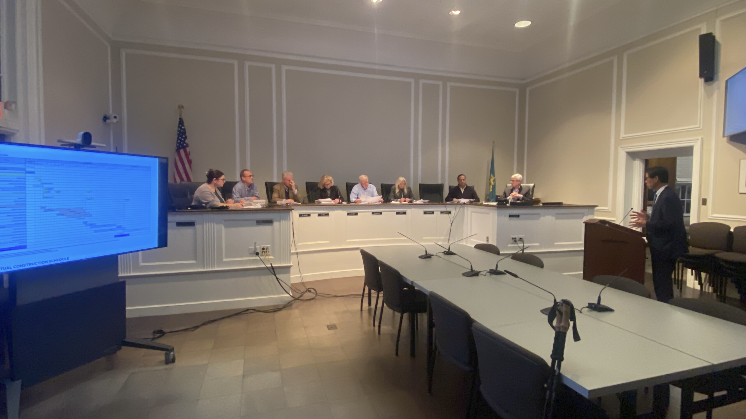 (PHOTO: Andrew Tung, a civil engineer and planner at DTS Provident Design Engineering working on behalf of The Osborn, reviewed the expected 54 month construction schedule with the City of Rye Planning Commission during a public hearing on The Osborn's expansion on November 18, 2025.)