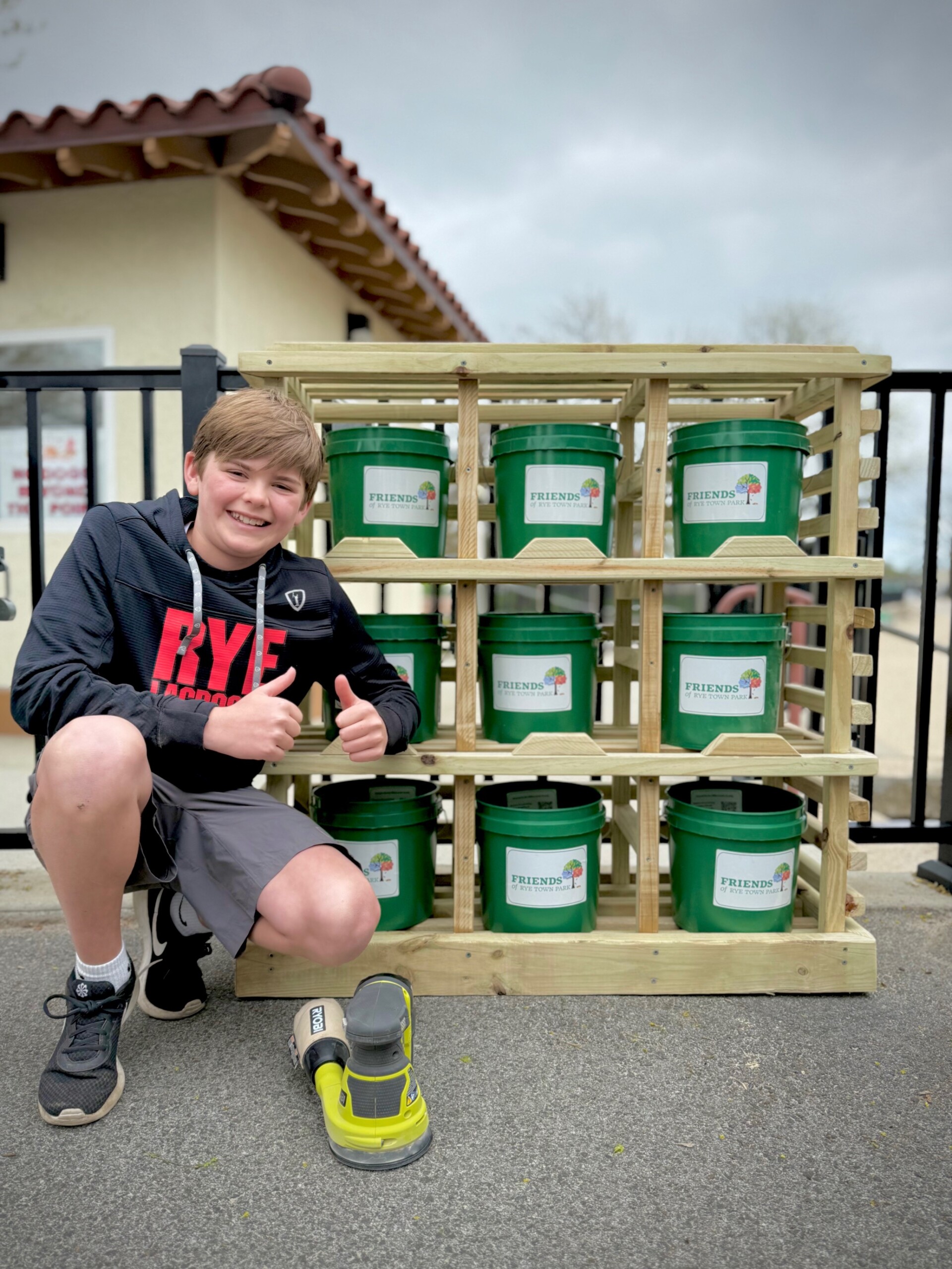 (PHOTO: Rye Middle School student Jack DiBernardo and his dad Ian designed and built a beautiful beach cleanup station for the Friends of Rye Town Park as a mitzvah project. Contributed.)