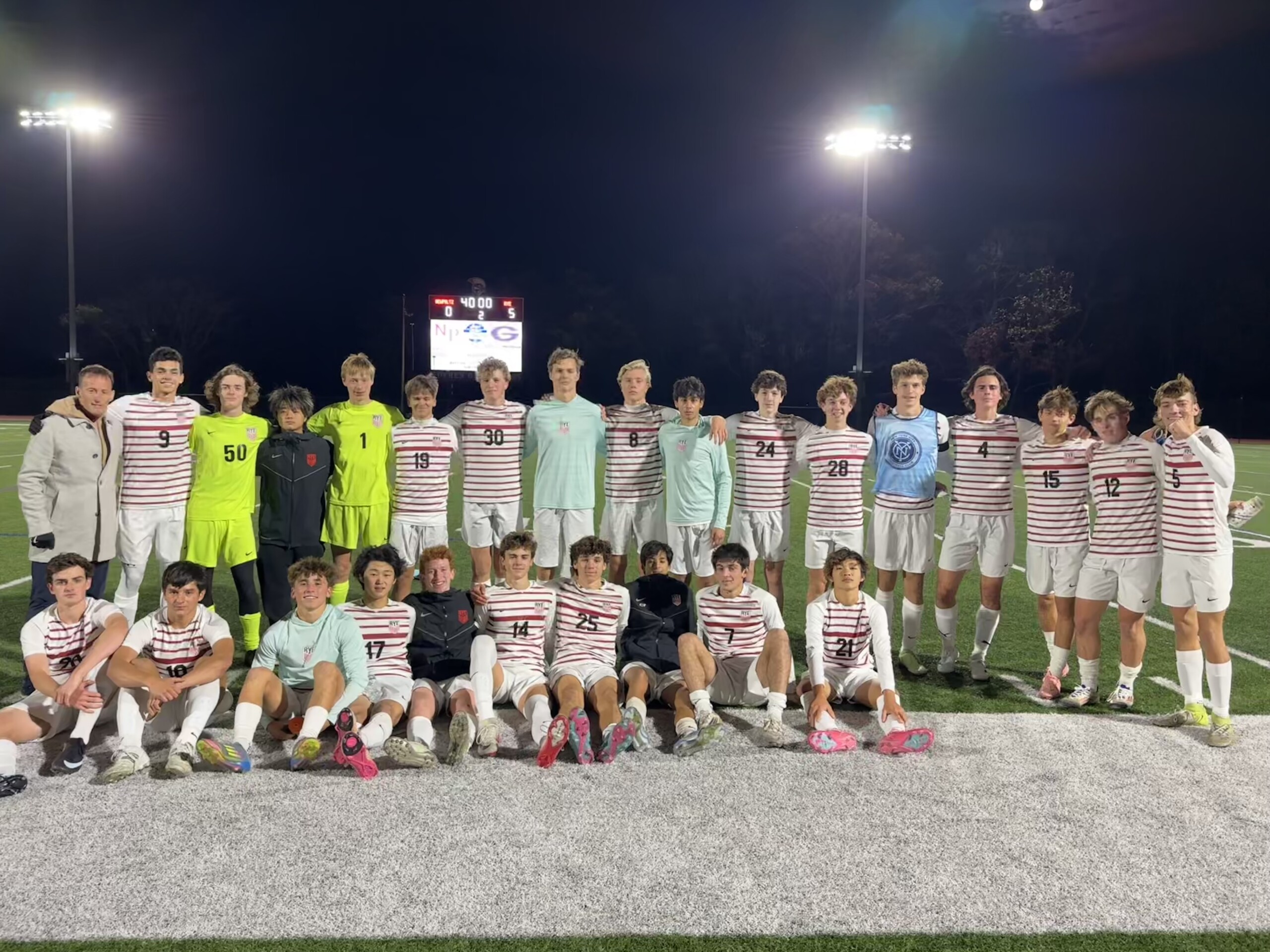 (PHOTO: The Rye Boys Soccer team after a Regional semifinals victory on November 5, 2025. Credit: Daniela Kehoe.)
