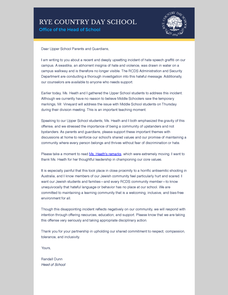 (PHOTO: The email regarding the antisemitic incident at Rye Country Day School that was sent to the email that went out to parents/guardians and faculty/staff.)