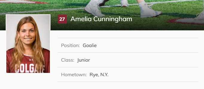 (PHOTO: Amelia Cunningham was a goalkeeper on the women's lacrosse team at Colgate University.)