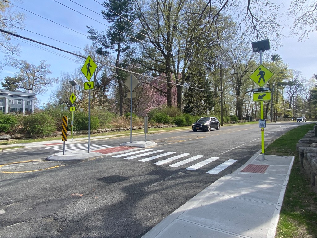 (PHOTO: This lighted cross walk was recently installed on the Boston Post Road in Rye at the intersection of Bradford Avenue.)