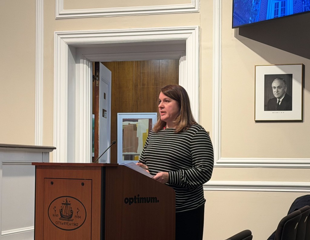 (PHOTO: Rye Neck Safe Routes to School co-chair Diana Riley at the Rye City Council on Wednesday, December 3, 2025.)