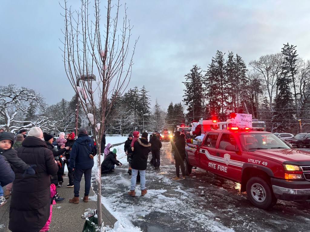 (PHOTO: The Rye FD's Local 2029 union made the rounds with Santa and Mrs. Claus on Sunday, December 14, 2025 as part of its annual Candy Cane Run. Credit: Local 2029.)