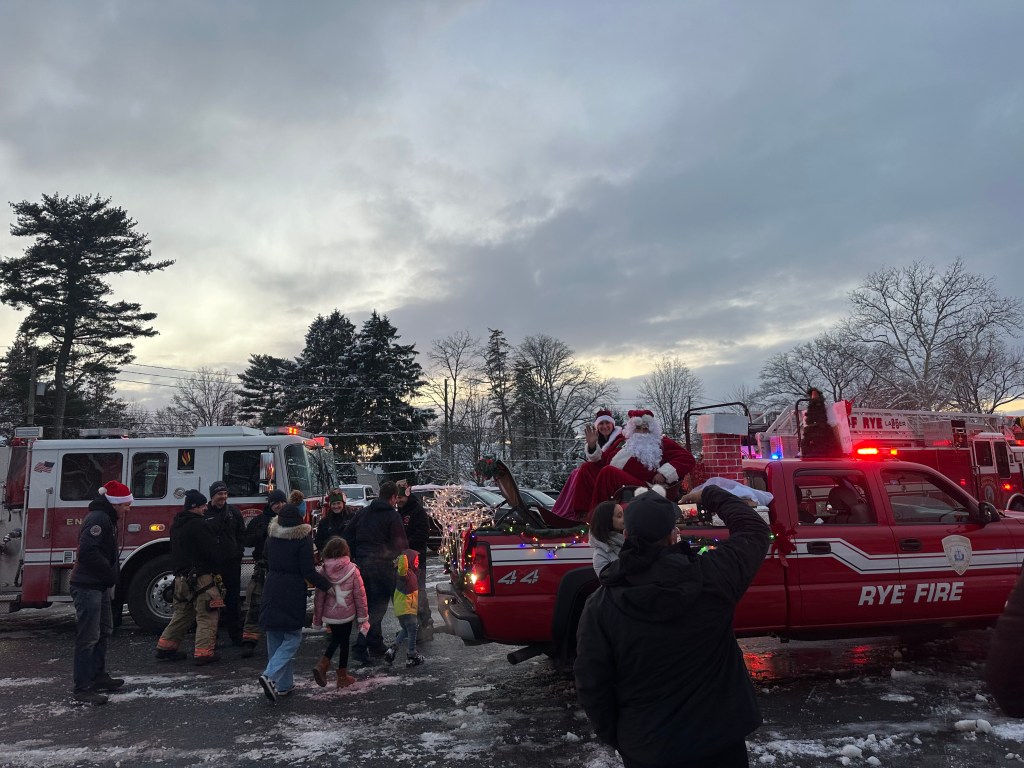 (PHOTO: The Rye FD's Local 2029 union made the rounds with Santa and Mrs. Claus on Sunday, December 14, 2025 as part of its annual Candy Cane Run. Credit: Local 2029.)