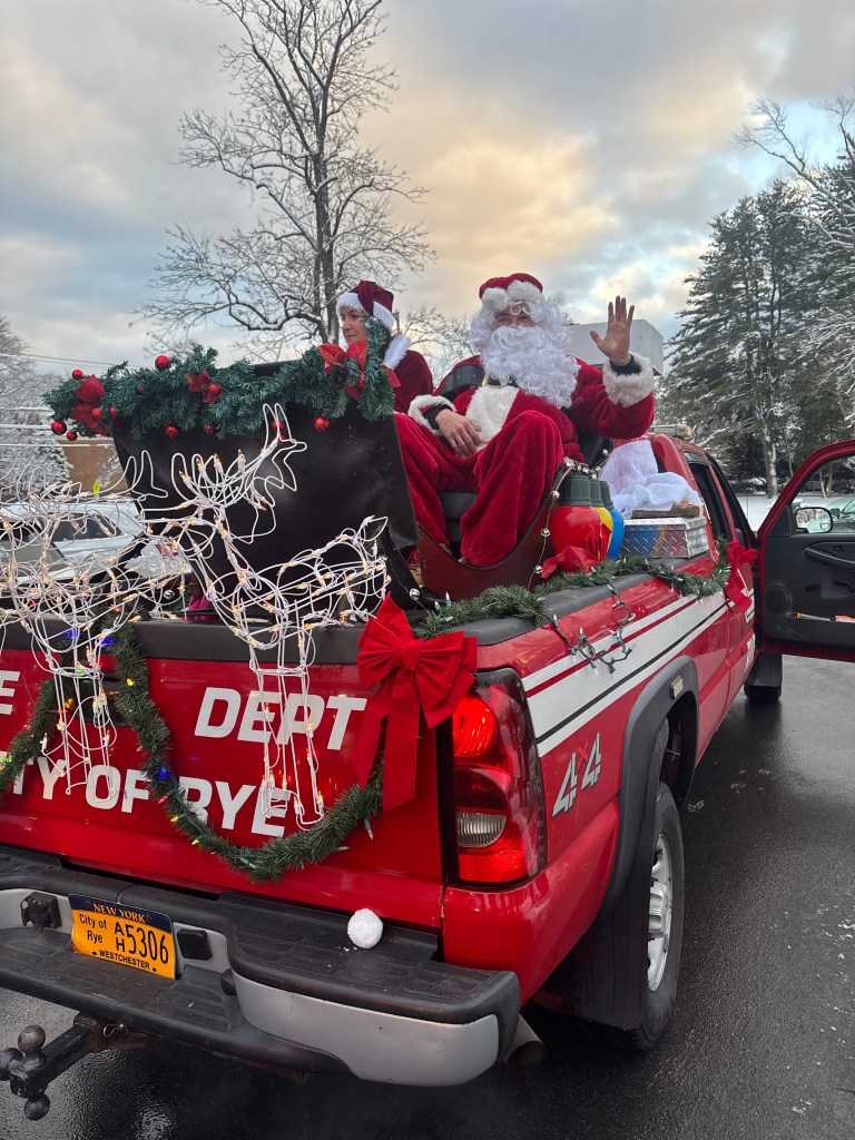 (PHOTO: The Rye FD's Local 2029 union made the rounds with Santa and Mrs. Claus on Sunday, December 14, 2025 as part of its annual Candy Cane Run. Credit: Local 2029.)