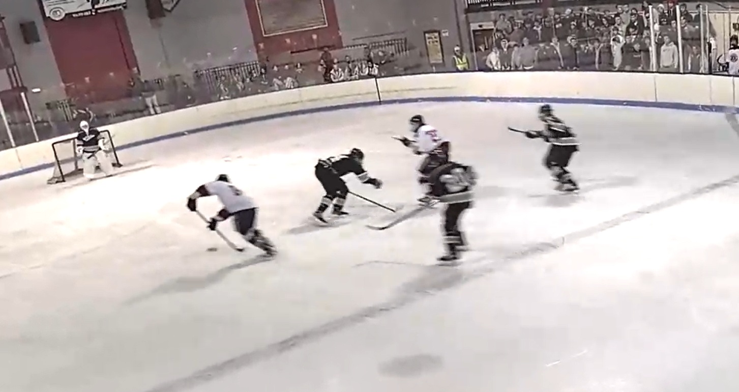(PHOTO: Rye Hockey's Connor Dehmer (#14) and Finn Draddy (#20) moments before a shorthanded goal in a win on December 12, 2025.)