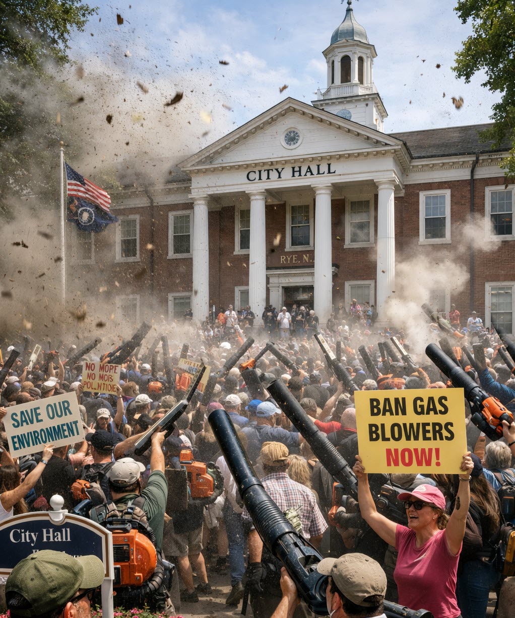 (PHOTO: Leave the Leaves, Banning the Blowers? Presentation and Discussion on the Proposed Changes to the City’s Leaf Blower Law. Illustration only. Credit: MyRye.com via AI.)