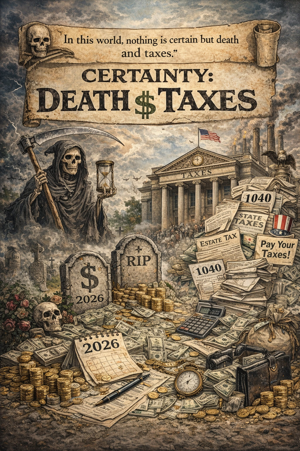 (PHOTO: Certainty: Death + Taxes. Credit: MyRye.com via AI.)