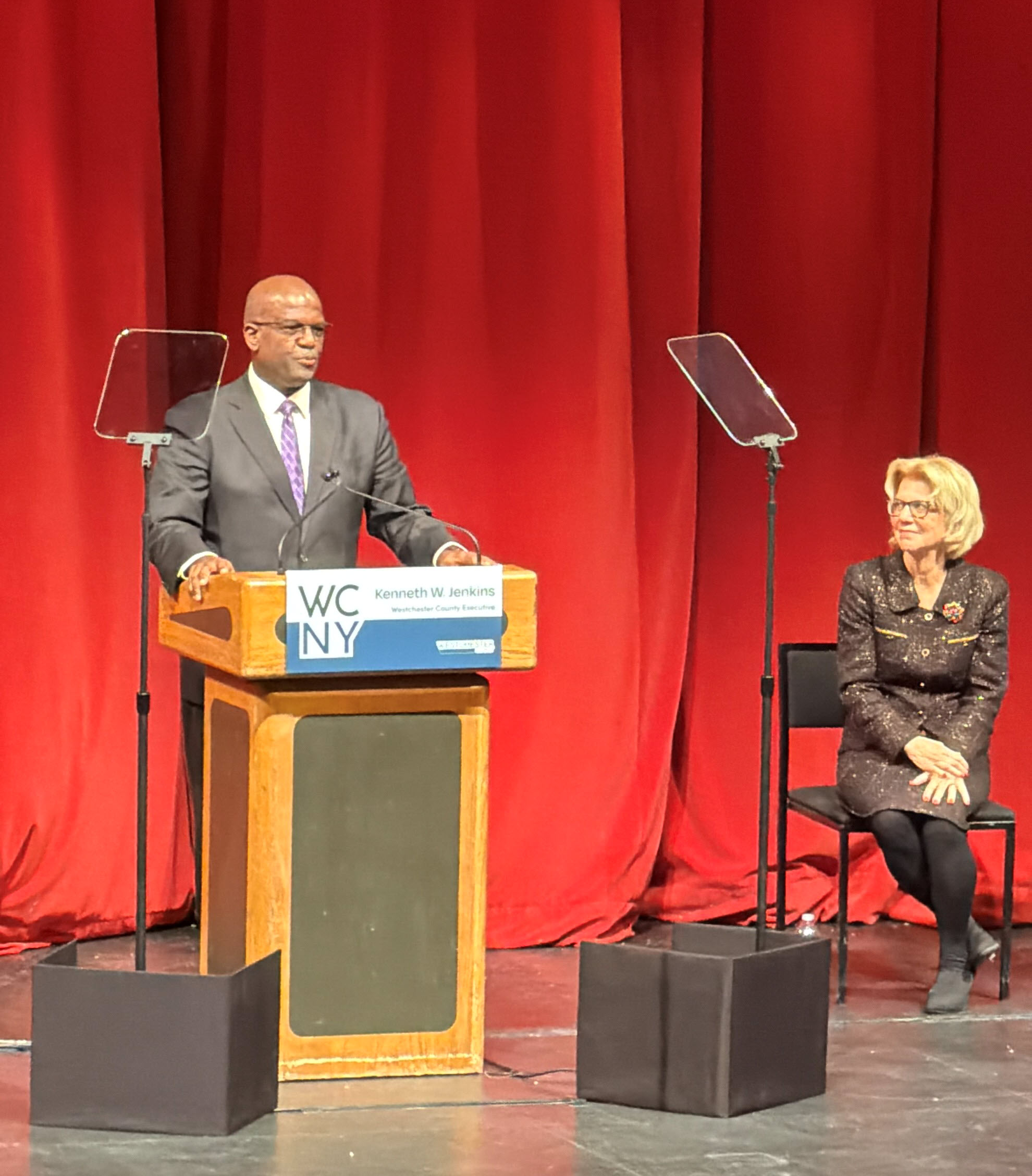(PHOTO: Westchester County Executive Ken Jenkins delivering remarks at his inauguration on January 1, 2026 at the Performing Art Center at Purchase College.)