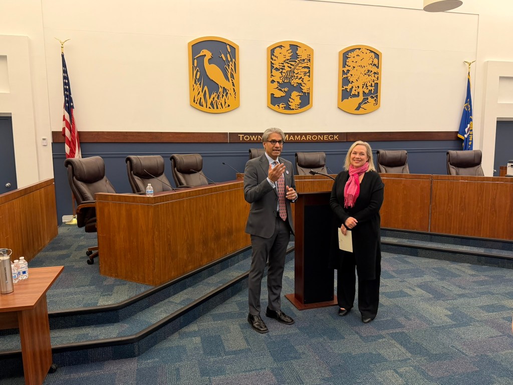 (PHOTO: County Legislator Anant Nambiar, representing District 7 including the City of Rye, was sworn in on January 8, 2026 at the Mamaroneck Village Courthouse. Rye resident and outgoing County Legislator Catherine Parker was present to conduct the swearing in.)