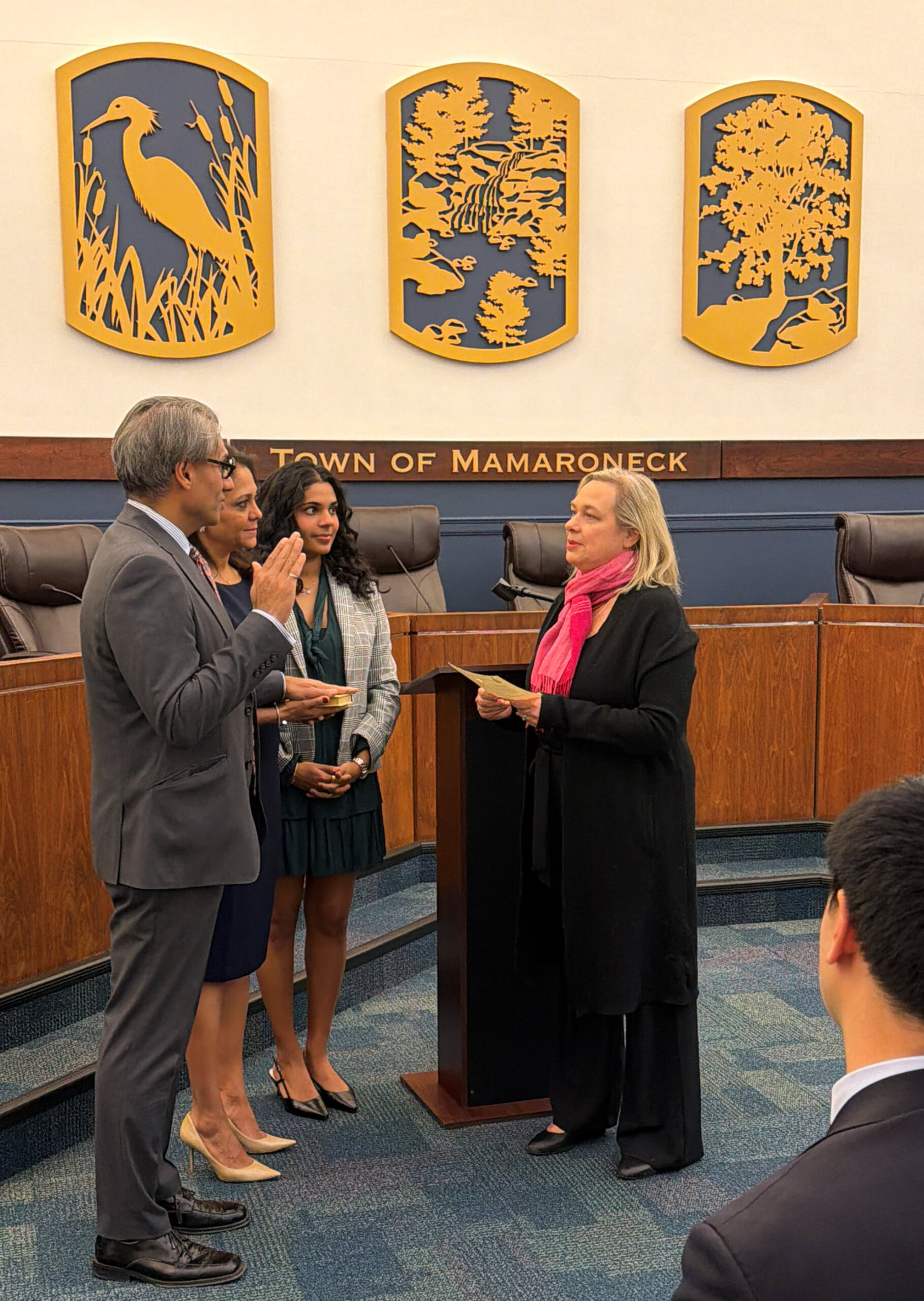 (PHOTO: County Legislator Anant Nambiar, representing District 7 including the City of Rye, was sworn in on January 8, 2026 at the Mamaroneck Village Courthouse. Nambiar was sworn in by Rye resident and outgoing County Legislator Catherine Parker. Nambiar was accompanied by his wife Hema and daughter Simran while being sworn in.)