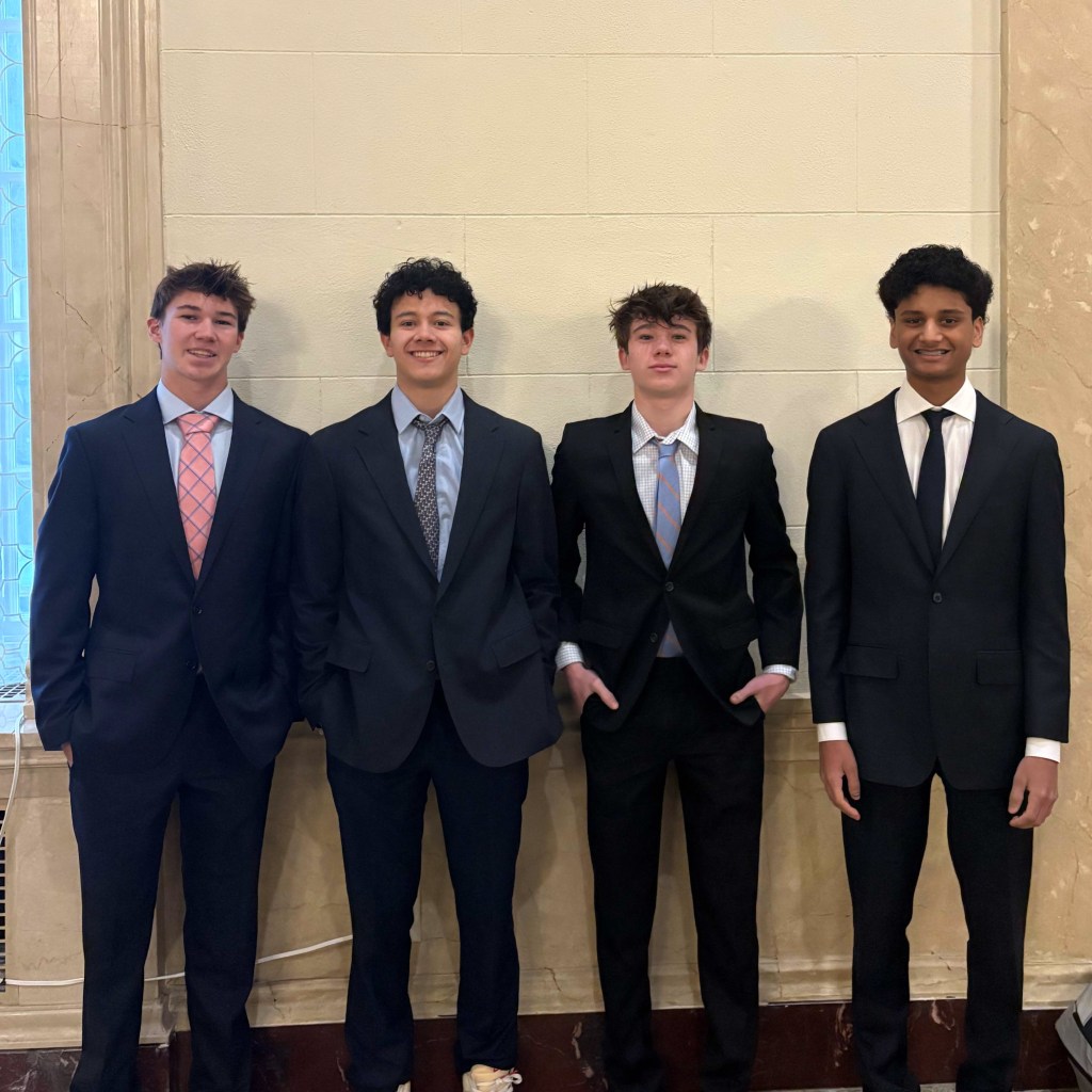 (PHOTO: Rye High School Model United Nations Club was named Best Small School Delegation at the 43rd Annual Central Model UN Conference in Syracuse on January 9-10, 2026. Left to right: Dylan Smailes, Miles Silber, Owen Rothstein, Rajan Patel Contributed.)