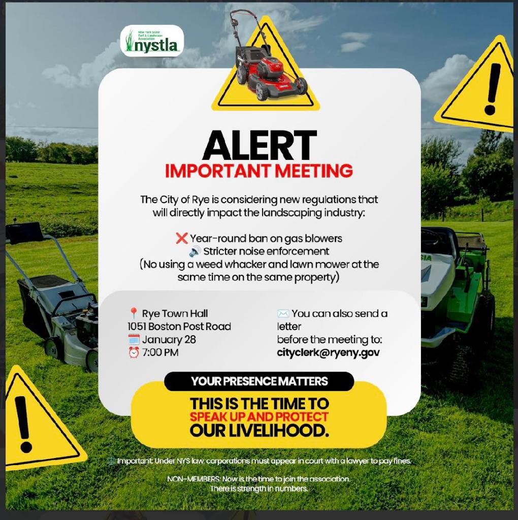 (PHOTO: The New York State Turf & Landscape Association, based in White Plains, is encouraging members to oppose Rye's proposed gas blower ban. Source: New York State Turf & Landscape Association.)