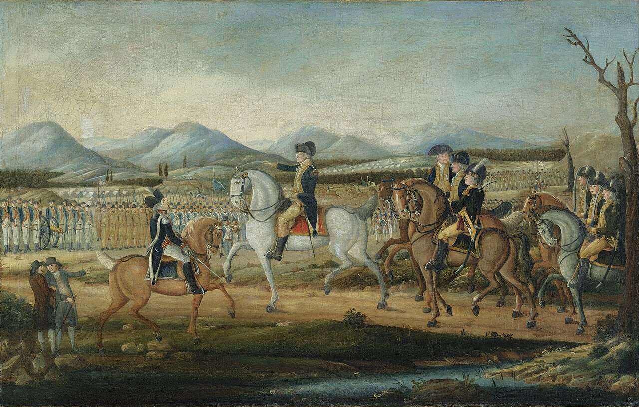 (PHOTO: George Washington reviews the troops near Fort Cumberland, Maryland, before their march to suppress the Whiskey Rebellion in western Pennsylvania. By painter Frederick Kemmelmeyer (1760–1821). Public Domain.)