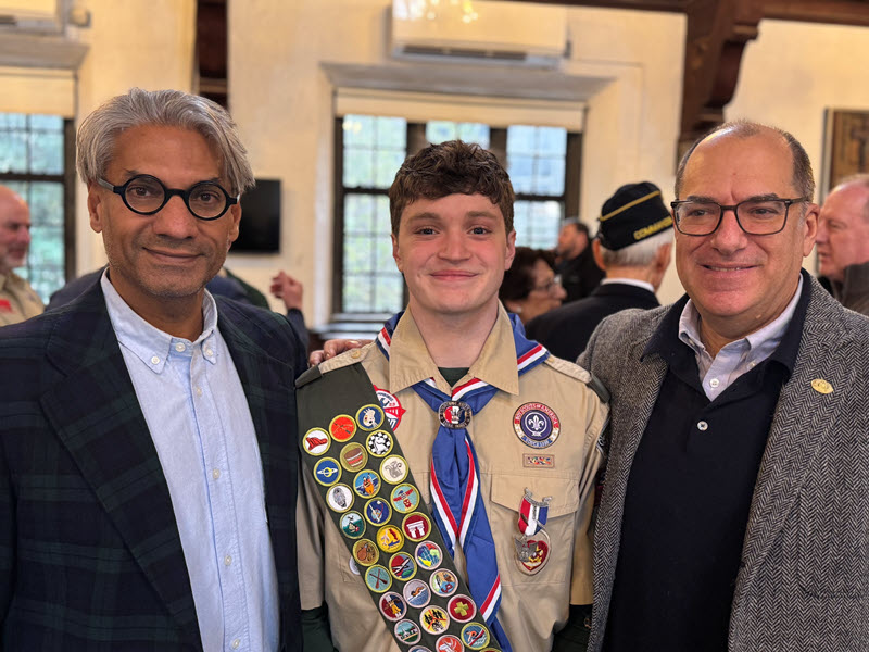 (PHOTO: Rye Troop 2 celebrated its 100th Eagle Scout. Mark Pellegrini had his Eagle Court of Honor on Saturday, January 3, 2026. Pellegrini  with Westchester County Legislator Anant Nambiar and Rye Mayor Josh Nathan. Contributed.)
