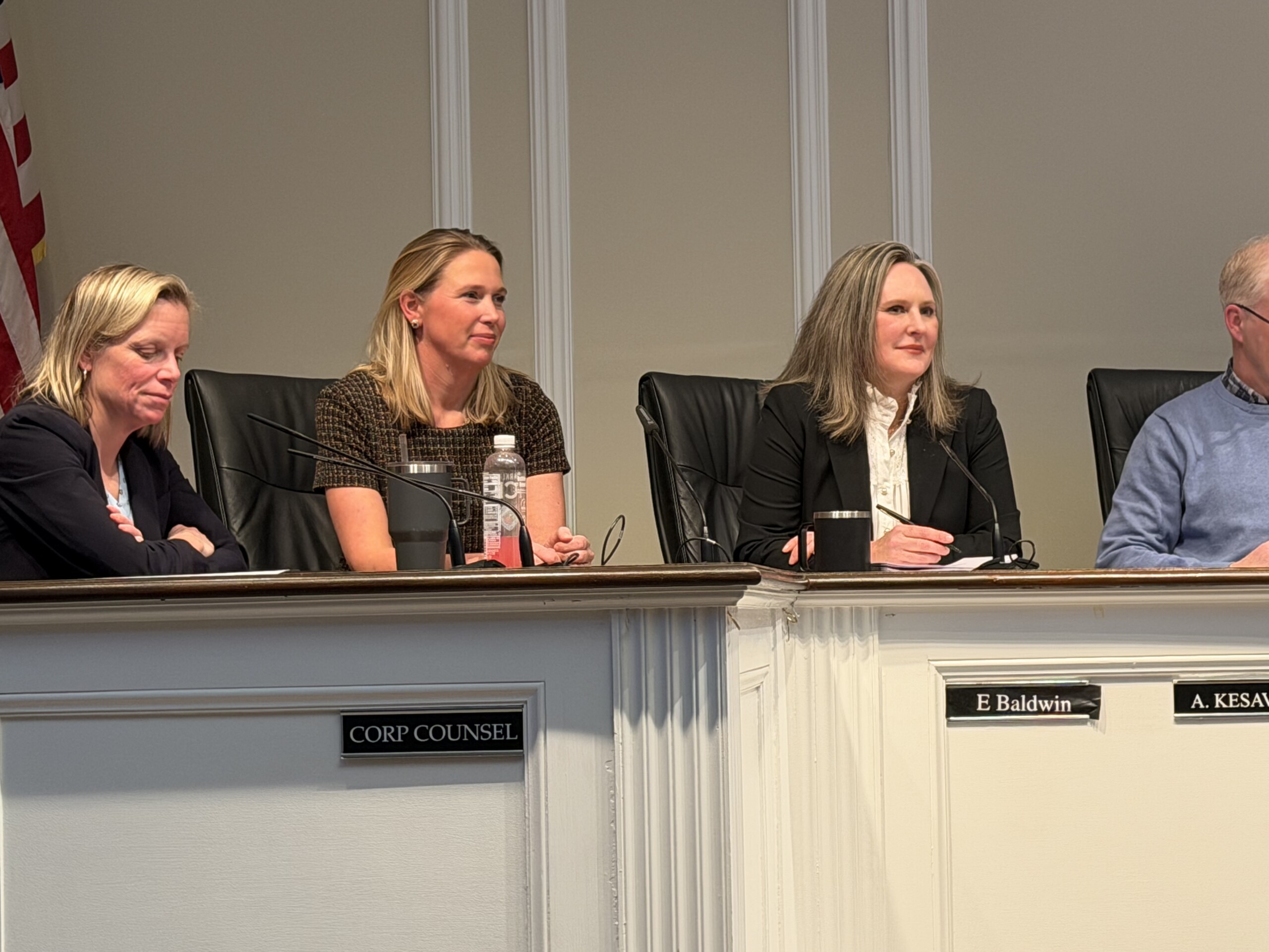 (PHOTO: Emily Padilha Baldwin (center) was appointed by unanimous vote at the Rye City Council meeting on February 11, 2026 to the council seat vacated by Mayor Josh Nathan.)