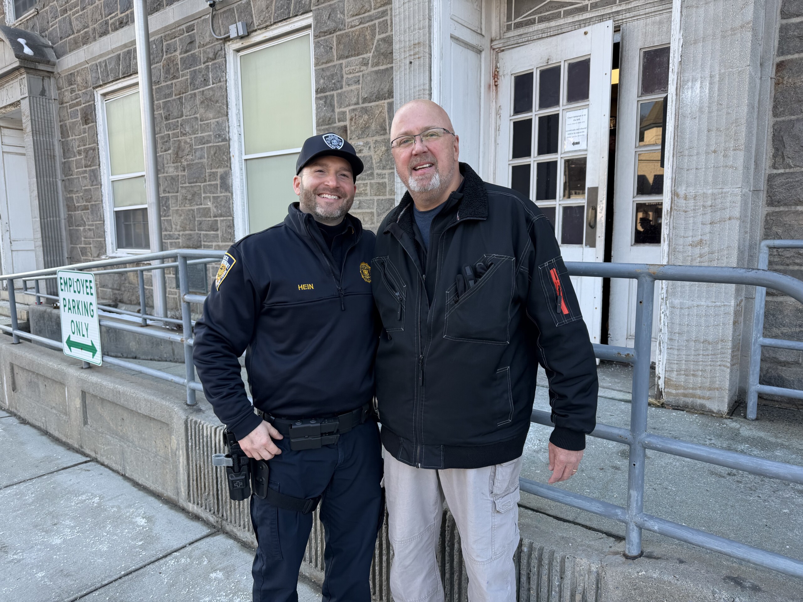 (PHOTO: Rye Police Department Patrol Lieutenant Al Hein and Sergeant Michael Larkin on Wednesday, February 25, 2026 after his ceremonial walkout at Rye PD headquarters.)