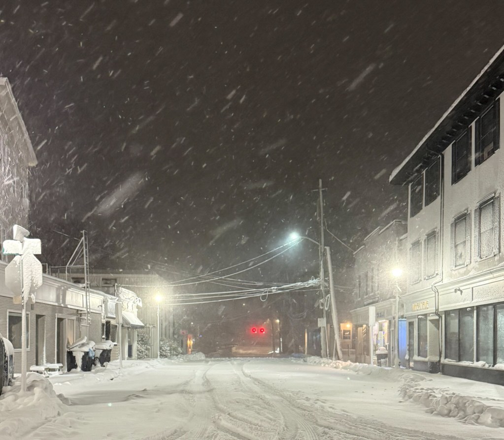 (PHOTO: The blizzard and bomb cyclone hit Rye, NY overnight into Monday, February 23, 2026. Viewable is Elm Street in downtown Rye. Source: Rye PD.)