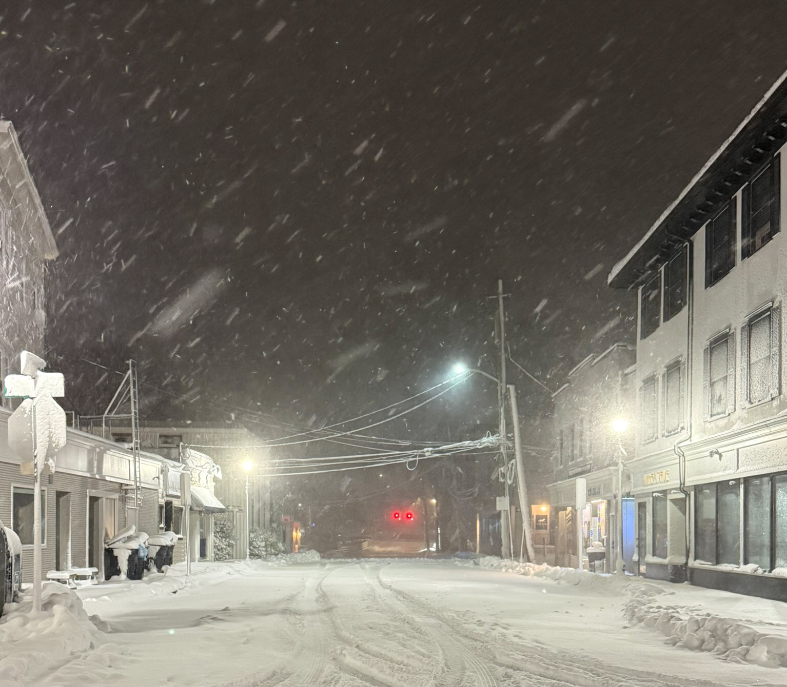 (PHOTO: The blizzard and bomb cyclone hit Rye, NY overnight into Monday, February 23, 2026. Viewable is Elm Street in downtown Rye. Source: Rye PD.)