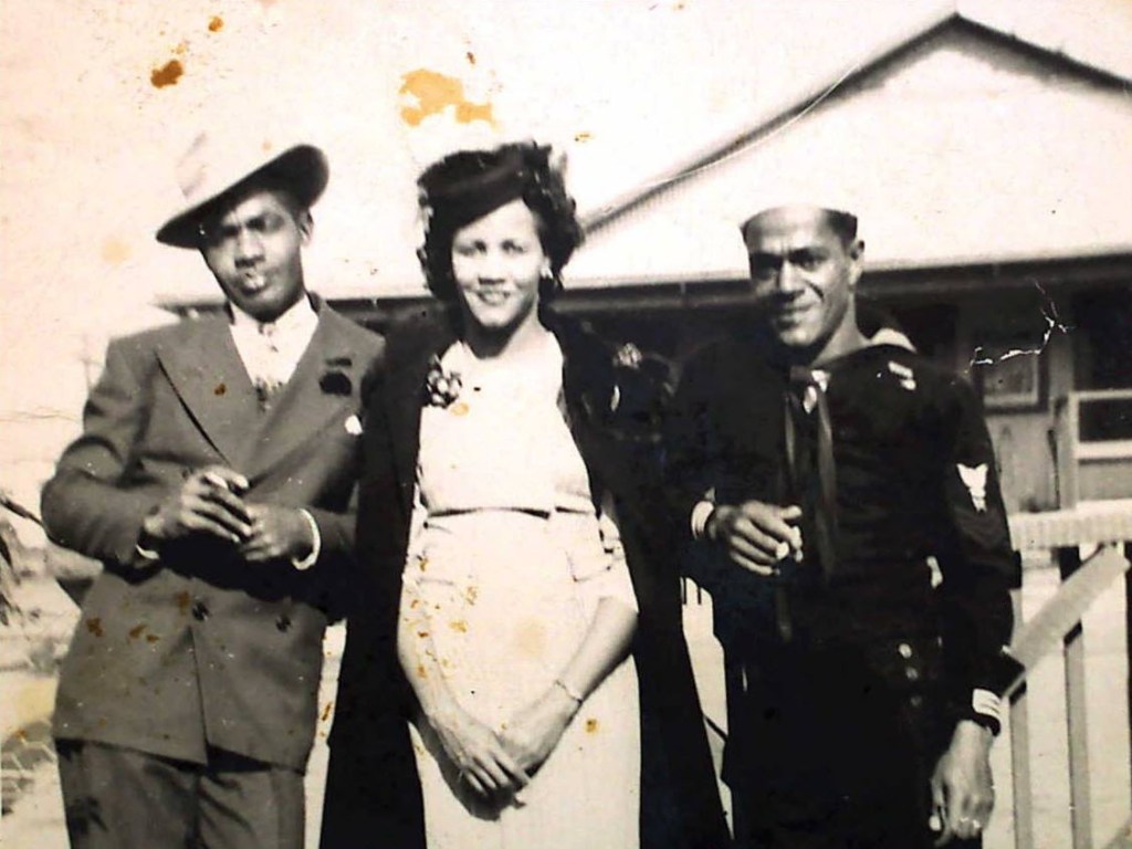(PHOTO: Unknown, mother Evelyn Anderson, father Samuel Anderson at a San Diego, CA naval base during World War 2 circa mid 1940s. Contributed.) 