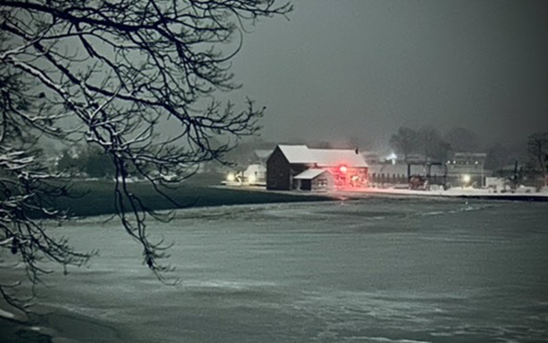 (PHOTO: The blizzard and bomb cyclone hit Rye, NY overnight into Monday, February 23, 2026. Viewable is the Tide Mill Basin off Kirby Lane in Rye. Source: Rye PD.)