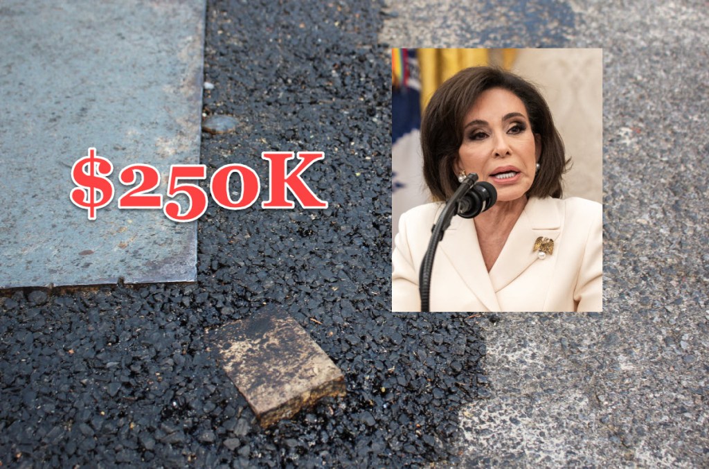 (PHOTO: The Wooden Block. A lawsuit against the City of Rye claims “Ms. Pirro tripped and fell over a large wooden block embedded in and protruding from under a steel plate covering the DPW 3919 excavation in the roadway, which constituted a hazardous, defective, dangerous, and unsafe condition.” Source: court filings and White House photo.)