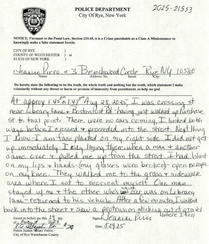 (PHOTO: Rye Police Department witness statement signed by Pirro and responding Officer Stephen Rose. Source: court filings.)