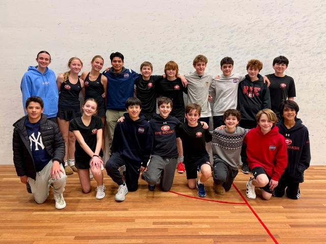 (PHOTO: Members of the Rye Middle School squash teams gather for a group photo during the Middle School Squash National Championships in Philadelphia, where three RMS teams competed over the course of the weekend. Source: Rye City School District.)