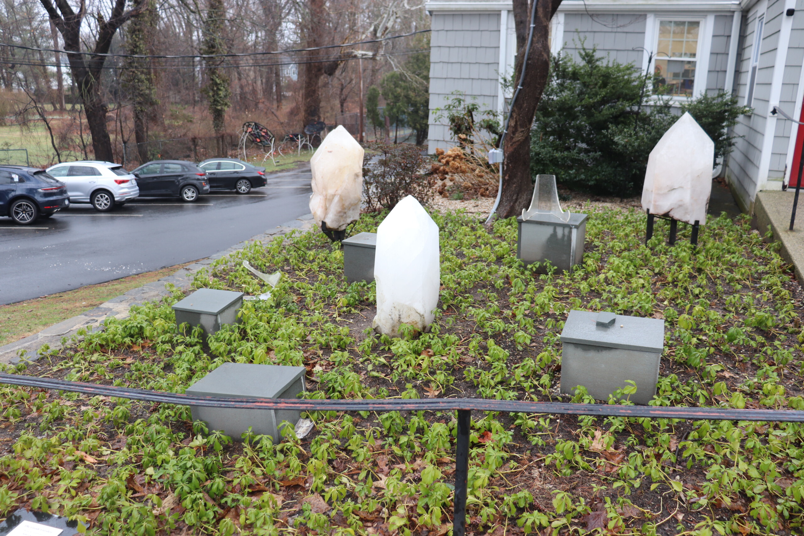 (PHOTO: Five geodes on loan from benefactor Robert R. Wiener were stolen from an outdoor display just outside the front door of the RAC on 51 Milton Road. Photo taken Monday, March 23, 2026 show the pedestals that displayed the five missing geodes. Source: Rye PD.)