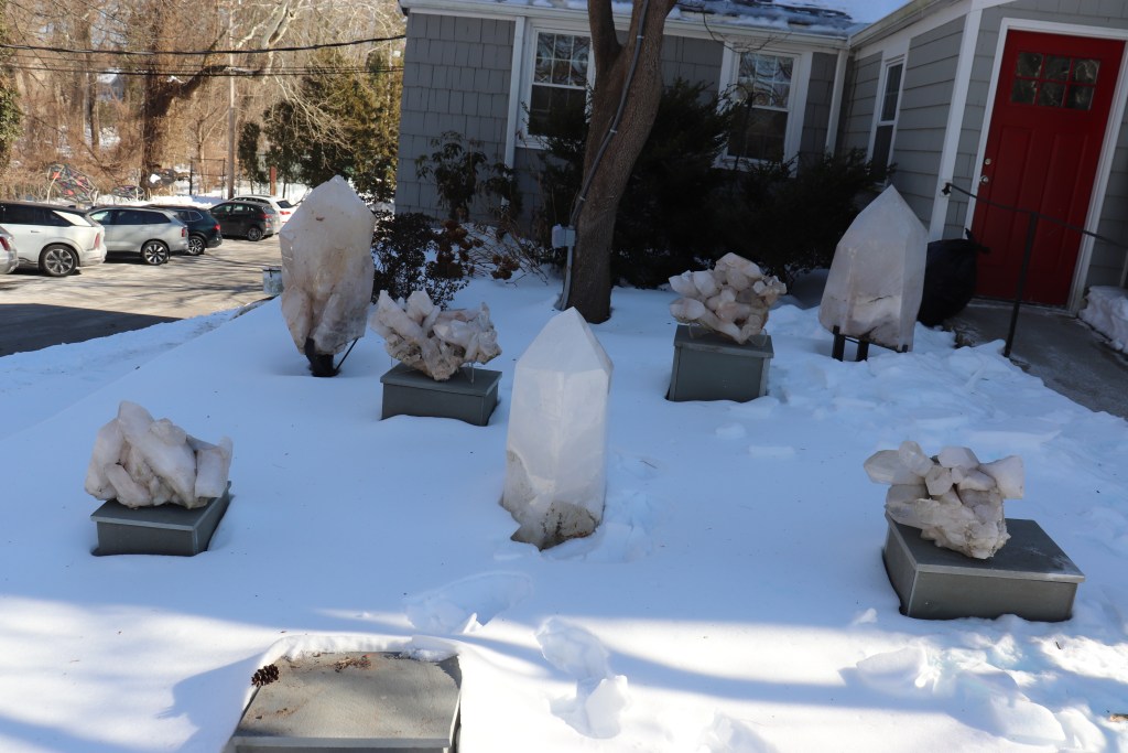 (PHOTO: Five geodes on loan from benefactor Robert R. Wiener were stolen from an outdoor display just outside the front door of the RAC on 51 Milton Road. Photo taken Wednesday, February 4, 2026 show the empty pedestal from the first missing geode. Source: Rye PD.)