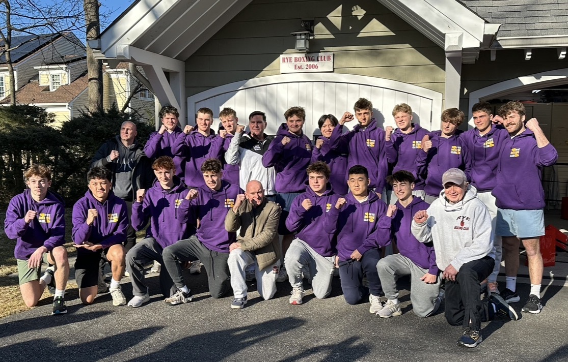 (PHOTO: Rye Boxing Club, March 2025: (Front Row) C.J. Loizeaux, Ryan Hess, Jason Osier, Vincent Sculti, Terry Caffrey, Jake Schonberg, Max An, Tyler Prata, Bob Fox; (Back Row) Chris Livingston, Callahan Wing, Connor Brady, Benji Kaplan, Terry McCartney, Brady Howard, Joey Cavatoni, Caio Haley, Liam Storz, Aidan McKeon, Tuur Bartels, Declan Costelloe. Contributed.)