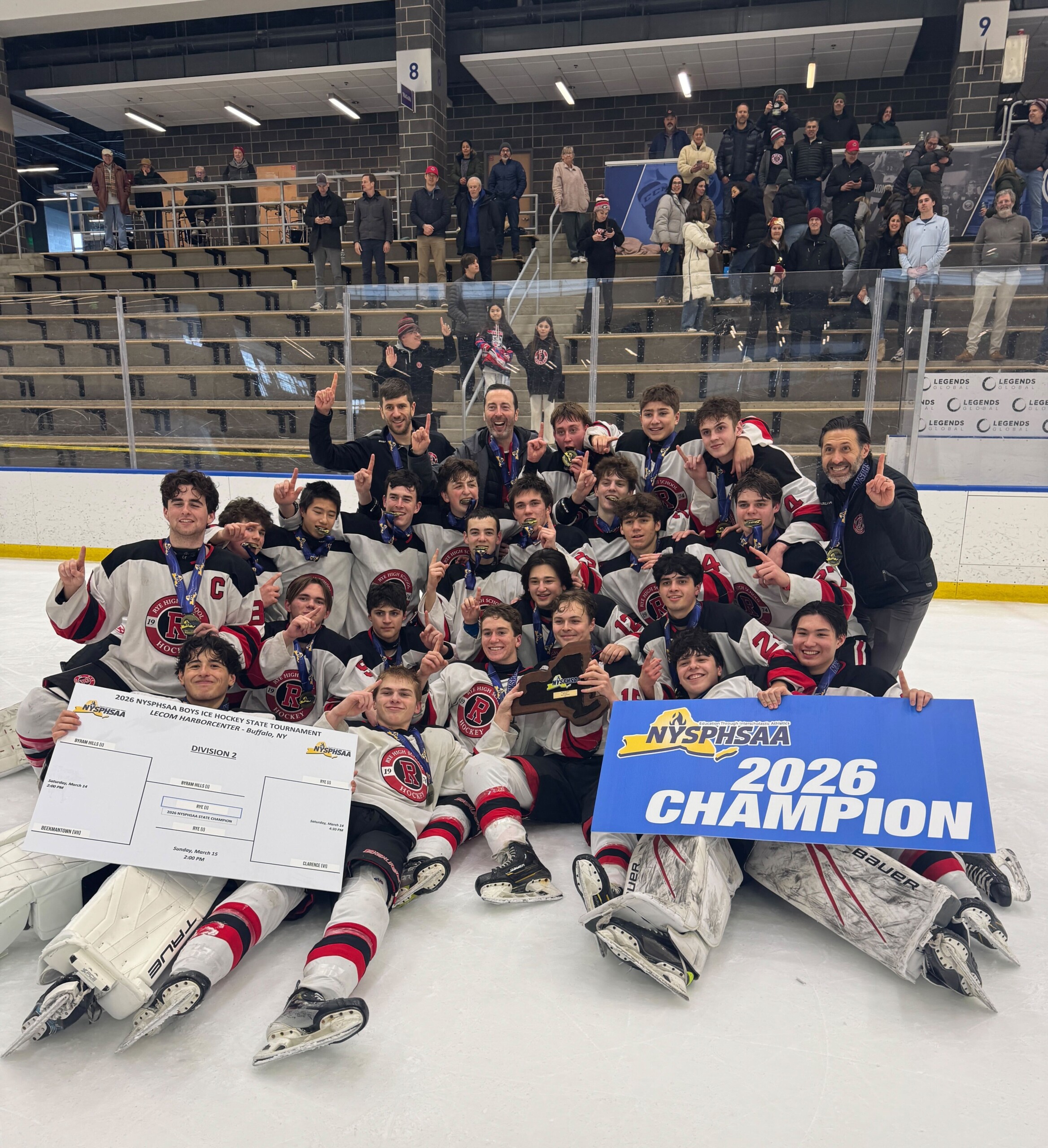 (PHOTO: The 2026 Rye Hockey team: New York State champions. Contributed.)