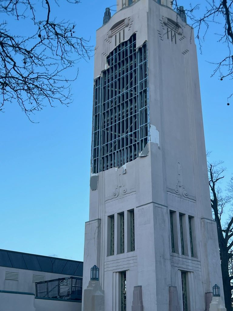 (PHOTO: High winds into the early hours of Tuesday, March 17, 2026 severely damaged the Rye Playland Music Tower. Contributed.)